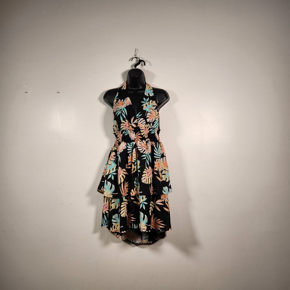 MADDEN NYC Black Beauty Plunge‎ Halter Dress Juniors XL Black Pastel Tropical